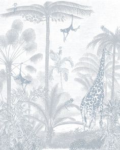 a giraffe standing in the middle of a jungle filled with palm trees and other animals