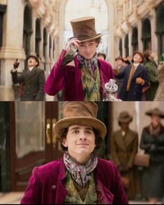 there is a man wearing a top hat in the middle of two pictures, one has his hands on his head