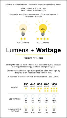 an info sheet with different types of light bulbs and the words lumens + wattage on it