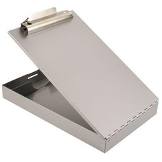 a silver metal box with a clipboard in the bottom and one piece of paper sticking out of it