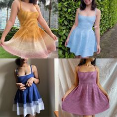 four different types of dresses are shown in three different colors, one is blue and the other is yellow