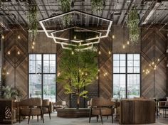 the lobby is decorated with wooden paneling and hanging plants on the ceiling, along with modern chairs and tables