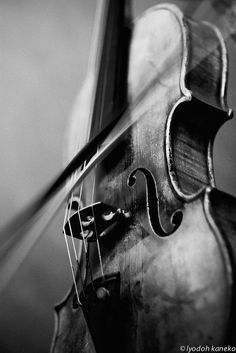 an old violin is hanging on the wall in black and white photo with light coming from behind it