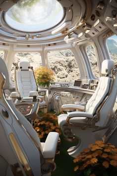 the interior of a space station with many chairs and flowers on the ground in front of it