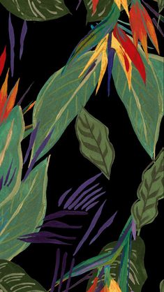 a painting of tropical leaves and flowers on a black background with purple, green, yellow and red colors