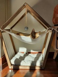 a cat laying in a hammock bed on the floor