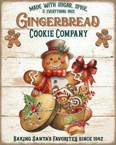 a wooden sign that says gingerbread cookie company with a snowman holding a bag of cookies