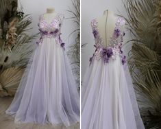 two pictures of a dress with flowers on the front and back, one in purple