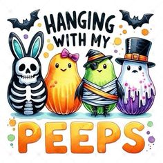 three halloween pees are standing next to each other with the words hanging with my pees