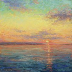 an oil painting of a sunset over the ocean