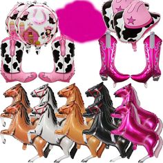 the balloons are shaped like horses and have pink, black, and white designs on them