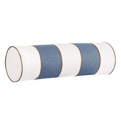 a roll of blue and white striped fabric on a white background with gold trimmings