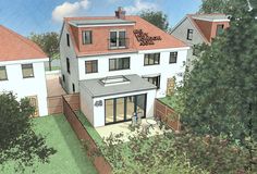 an artist's rendering of a two story house with red roof and white walls