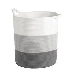 a white and grey basket with handles