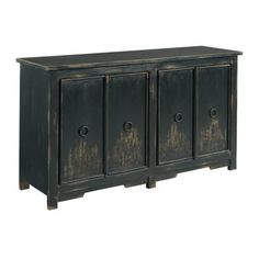 an old black cabinet with four doors and three knobs on the front, against a white background