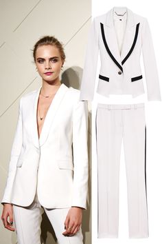 Cara Delevingne is flawless in blanc Burberry. Shop the white suit.  Rachel Zoe jacket, $425, and pants, $275, revolveclothing.com.   - HarpersBAZAAR.com White Jeans For Men, White Tuxedo Wedding, Designer Tuxedo, Best Designer Suits, White Tux, Tuxedo Women, Best Suits, Suit Ideas