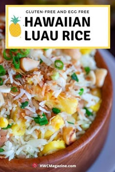 a close up of a bowl of food with rice and pineapple on the side