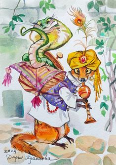 a watercolor painting of a fox and a snake