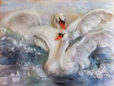 two white swans floating on top of water with their heads touching each other's necks