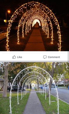 two pictures with lights in the middle and on the bottom, there is a walkway lined with arches