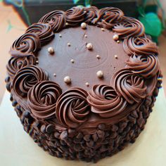 a chocolate cake sitting on top of a table