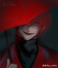 an anime character with red hair and black clothes holding an umbrella over his head in the rain