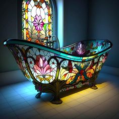 an ornate glass bathtub in front of a stained glass window