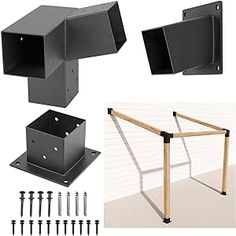 an assortment of metal parts including brackets, screws and nails for mounting television screens