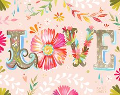 the word love is surrounded by colorful flowers and leaves on a pink background with gold glitter accents