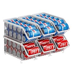 a stack of six soda cans sitting next to each other on top of a metal rack