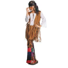 Channel your inner groove and transport back to the 60's! This costume includes a fringed, faux suede vest, velvet patchwork print bell bottoms and headband. Care Instructions: Hand wash cold water with mild soap. Tumble dry low. For best results hang or lay flat to dry. Size: M.  Color: Multicolor. 60s Peace, Hippie Costume Halloween, 70s Mode, Printed Bell Bottoms, Party City Costumes, 70s Costume, Hot Halloween, Clever Halloween, Hippie Halloween