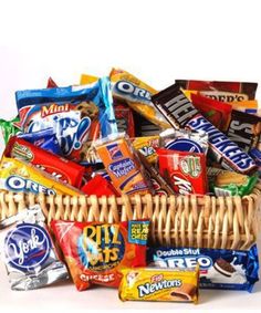 a basket filled with lots of different types of snacks