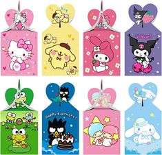 hello kitty birthday gift tags with cartoon characters on the front and back, all in different colors