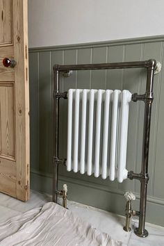 Sage green bathroom wall panels with brushed brass traditional heated towel rail Traditional Towel Radiator, White Towel Rail, Chrome Towel Rail, Suite Ideas, Traditional Radiators, Bathroom Radiators, Large Bathroom, Downstairs Loo, Electric Radiators