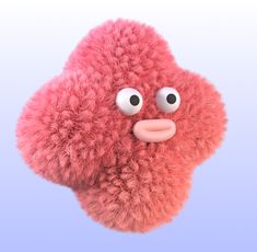 a pink fuzzy object with googly eyes on it's face and nose, floating in the air