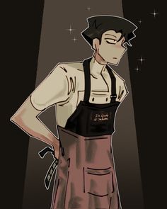 a drawing of a man wearing an apron and holding his hands on his hips while standing in front of a spotlight