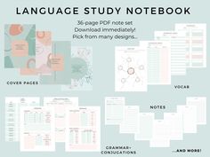 the language study notebook includes three pages, two sheets and four different types of notes