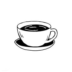 a black and white drawing of a cup of coffee with saucer on the side