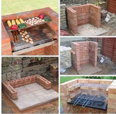 several pictures of an outdoor grill made out of bricks