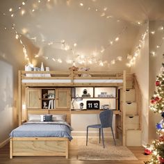 a bedroom with a bunk bed, desk and christmas lights on the ceiling above it