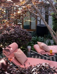 two pink couches are sitting in the middle of a garden