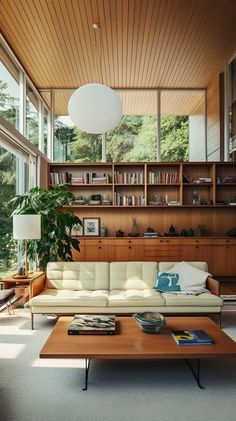 a living room filled with lots of furniture and bookshelves next to a window