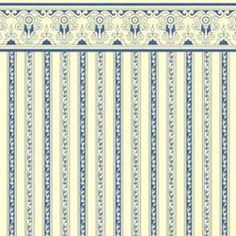 a blue and white striped wallpaper with an ornate design on the bottom half of it