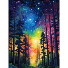 a painting of a forest with trees and stars in the sky