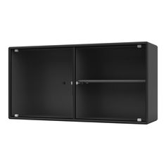 a black cabinet with two doors and shelves