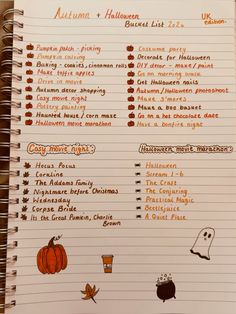 an open notebook with writing on it and pumpkins in the pages, halloween list