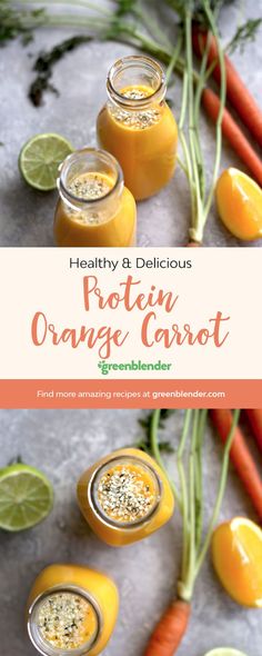 healthy and delicious protein orange carrot smoothie in mason jars with garnishes