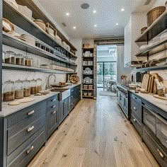 a large kitchen with lots of shelves filled with food and cooking utensils on the counters