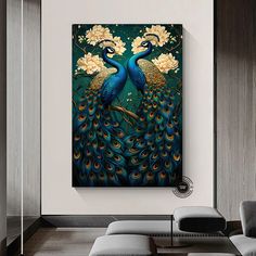 two peacocks standing next to each other in front of a painting on the wall