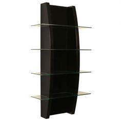 a black shelf with glass shelves on it